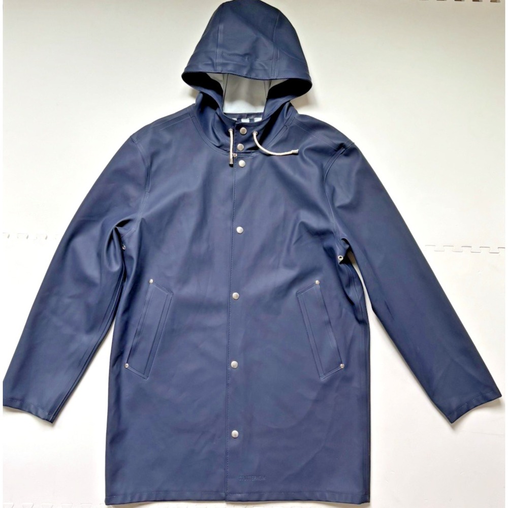 STUTTERHEIM Original Raincoat Waterproof Hooded Rubber Jacket - Size L Navy Blue